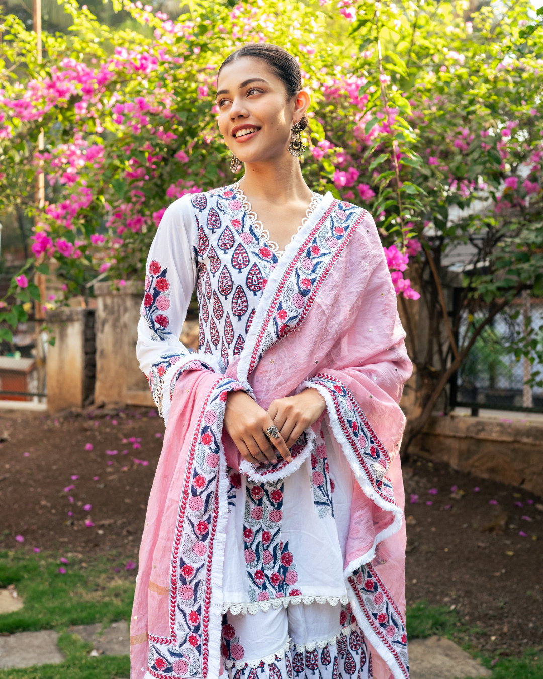 Ivory and Pink Block Printed Sharara Set