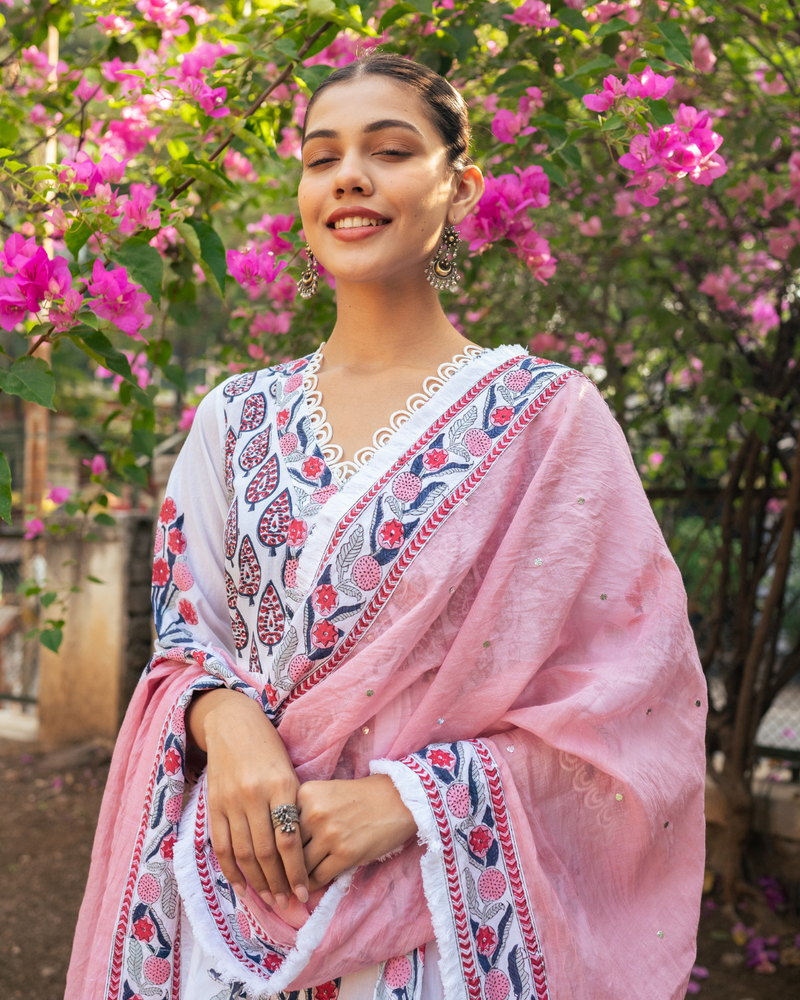 Ivory and Pink Block Printed Sharara Set mul by Maison Shefali in multi color for women Worldwide