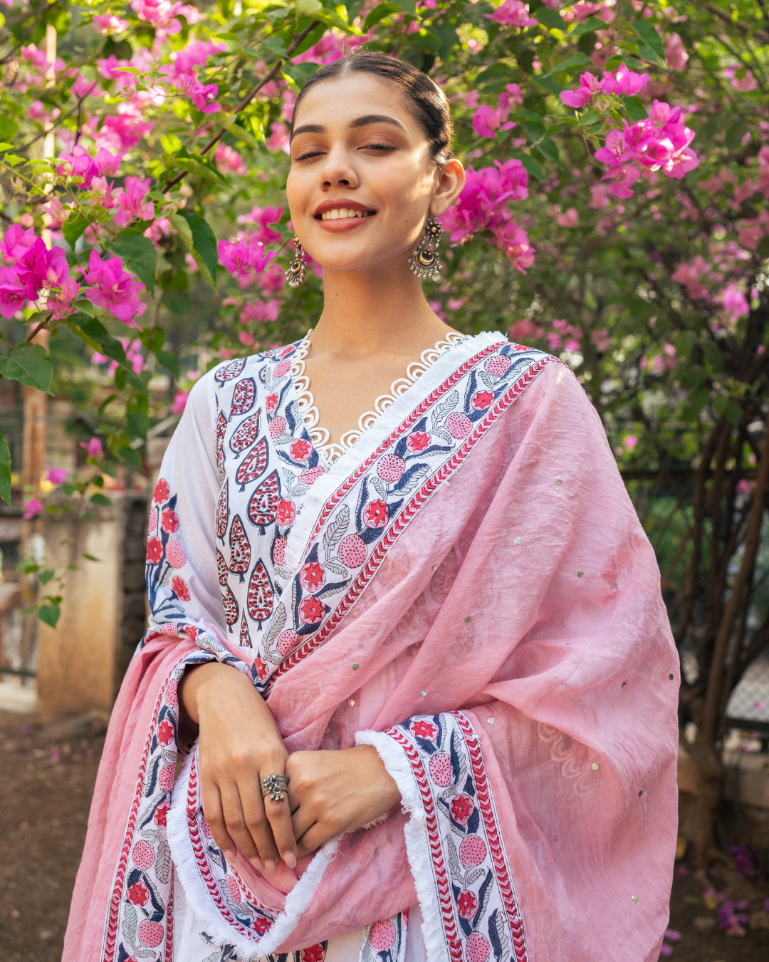 Ivory and Pink Block Printed Sharara Set