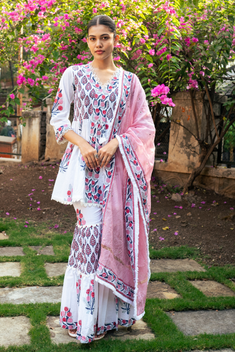 Ivory and Pink Block Printed Sharara Set mul by Maison Shefali in multi color for women Worldwide