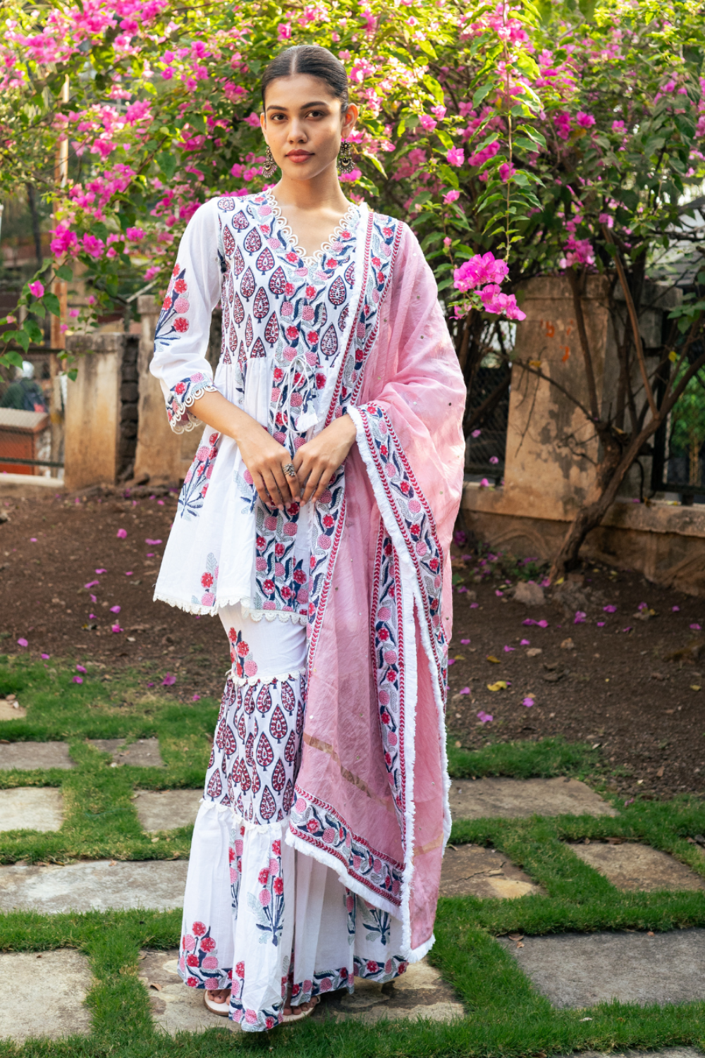 Ivory and Pink Block Printed Sharara Set