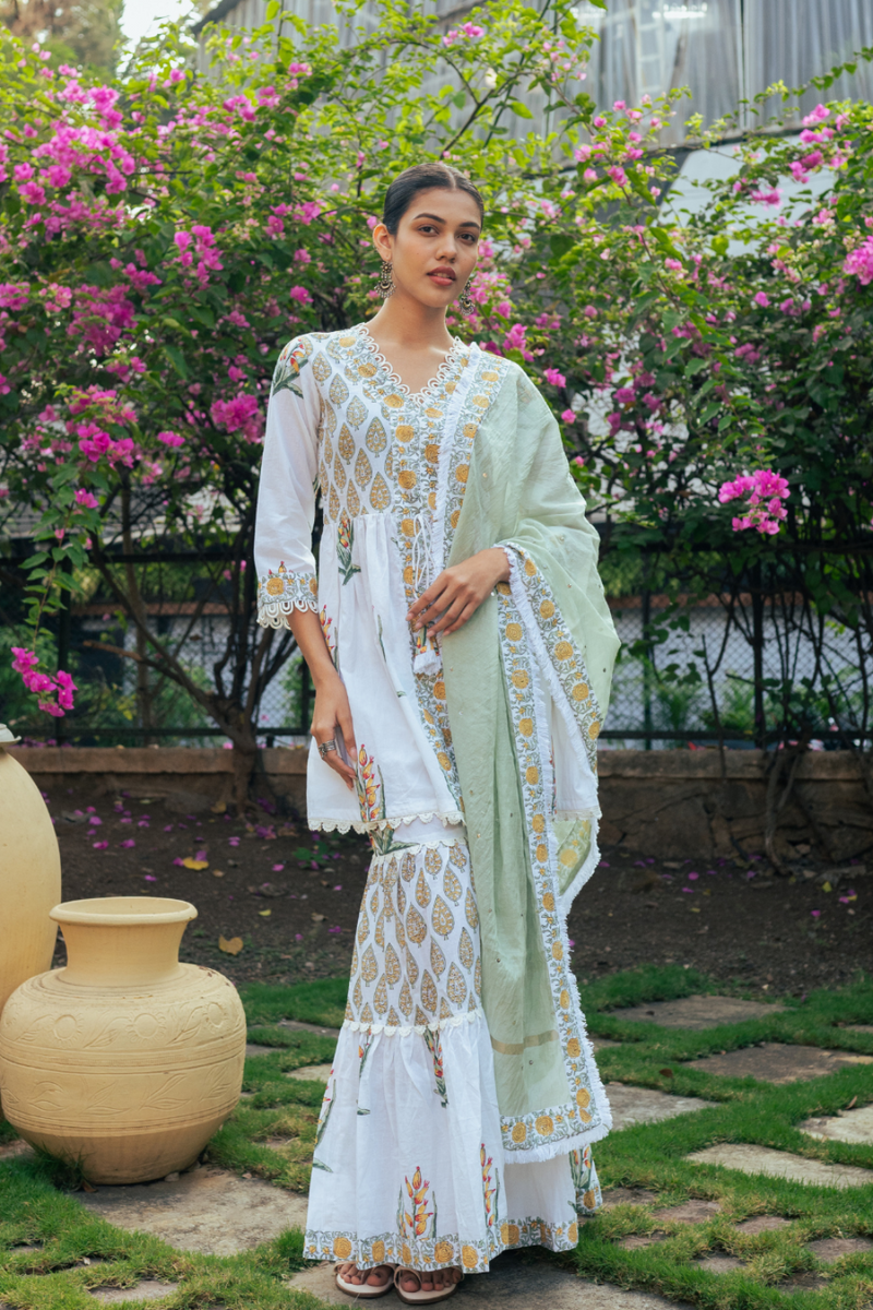 Ivory and Yellow Block Printed Sharara Set mul by Maison Shefali in multi color for women Worldwide