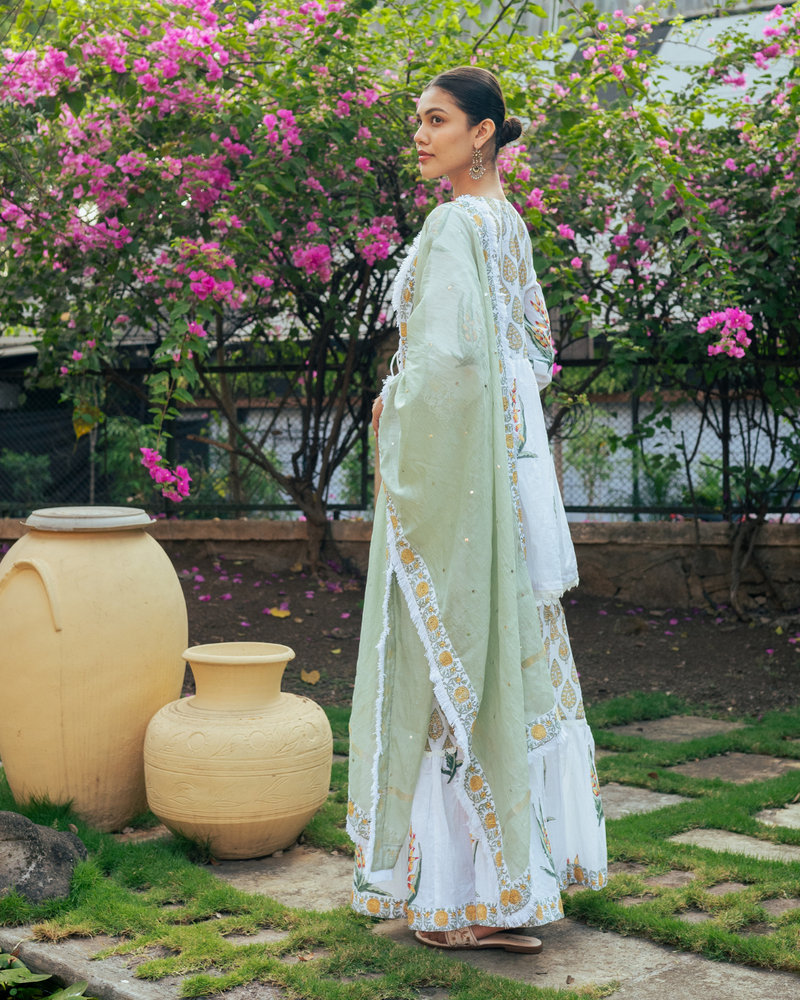 Ivory and Yellow Block Printed Sharara Set mul by Maison Shefali in multi color for women Worldwide