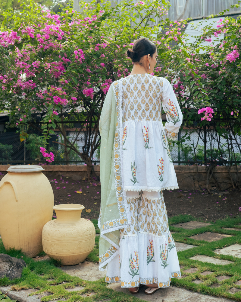 Ivory and Yellow Block Printed Sharara Set mul by Maison Shefali in multi color for women Worldwide