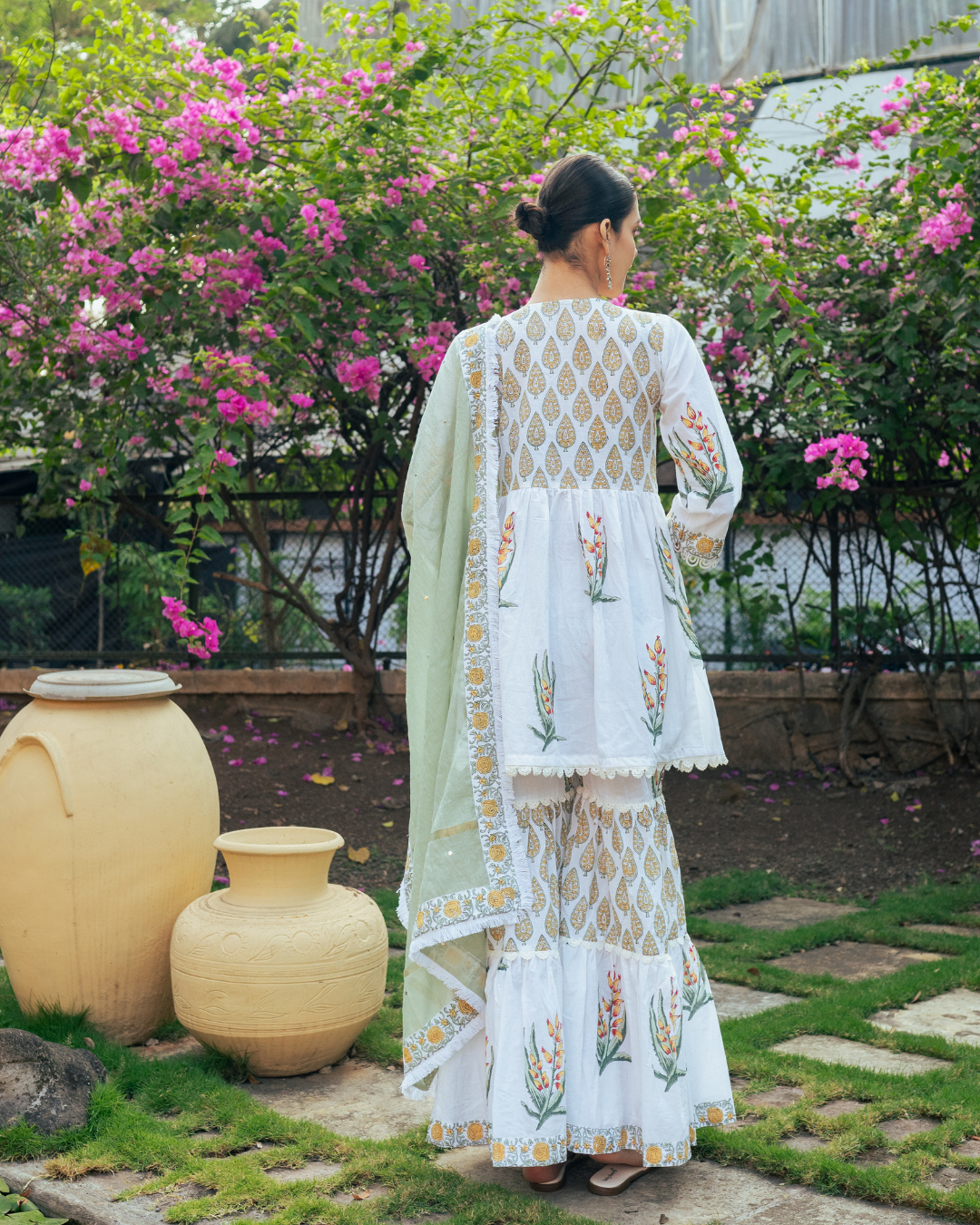 Ivory and Yellow Block Printed Sharara Set