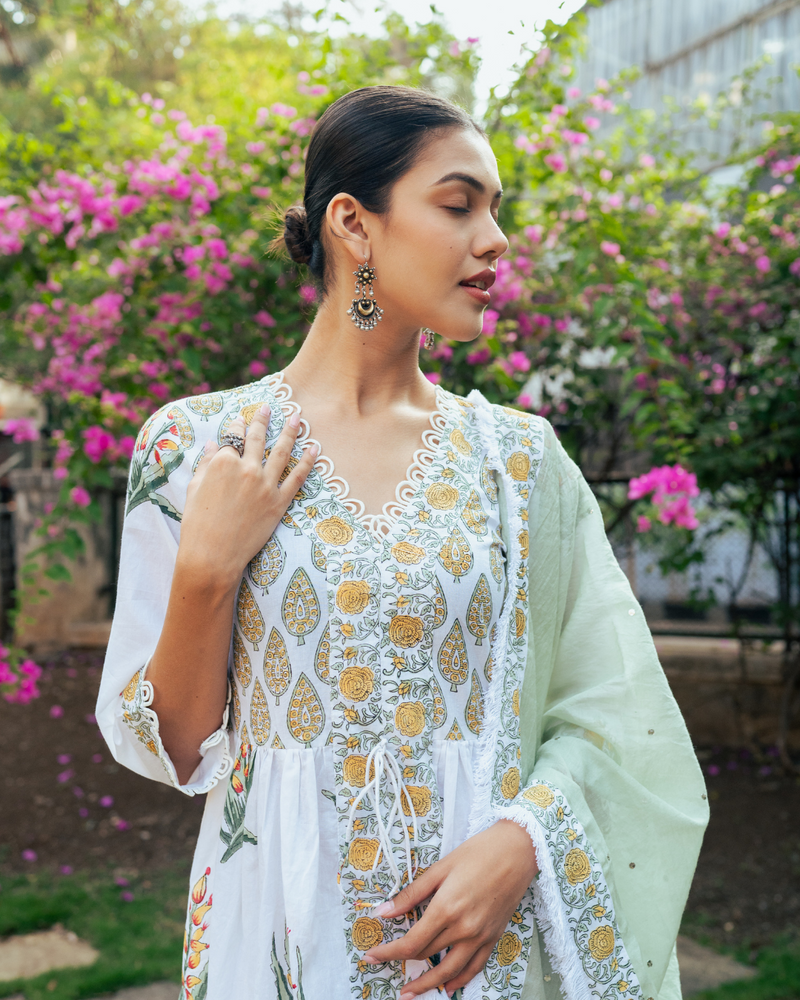 Ivory and Yellow Block Printed Sharara Set mul by Maison Shefali in multi color for women Worldwide