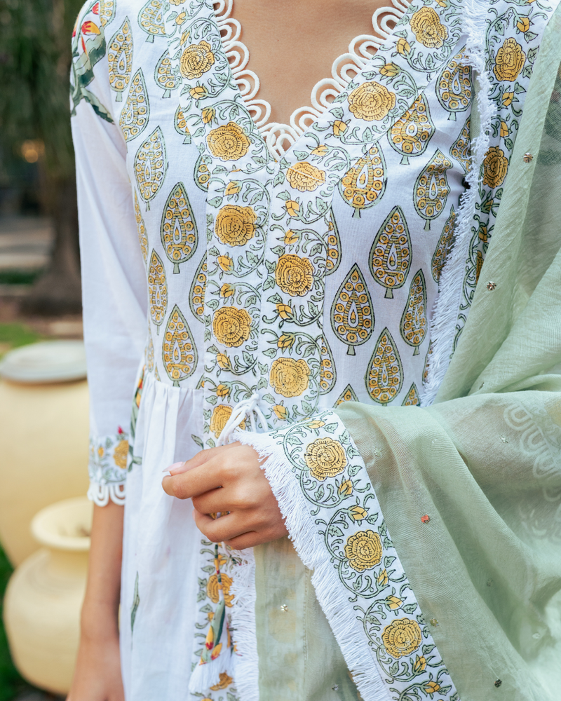 Ivory and Yellow Block Printed Sharara Set mul by Maison Shefali in multi color for women Worldwide