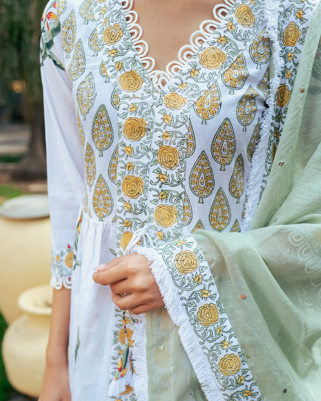 Ivory and Yellow Block Printed Sharara Set