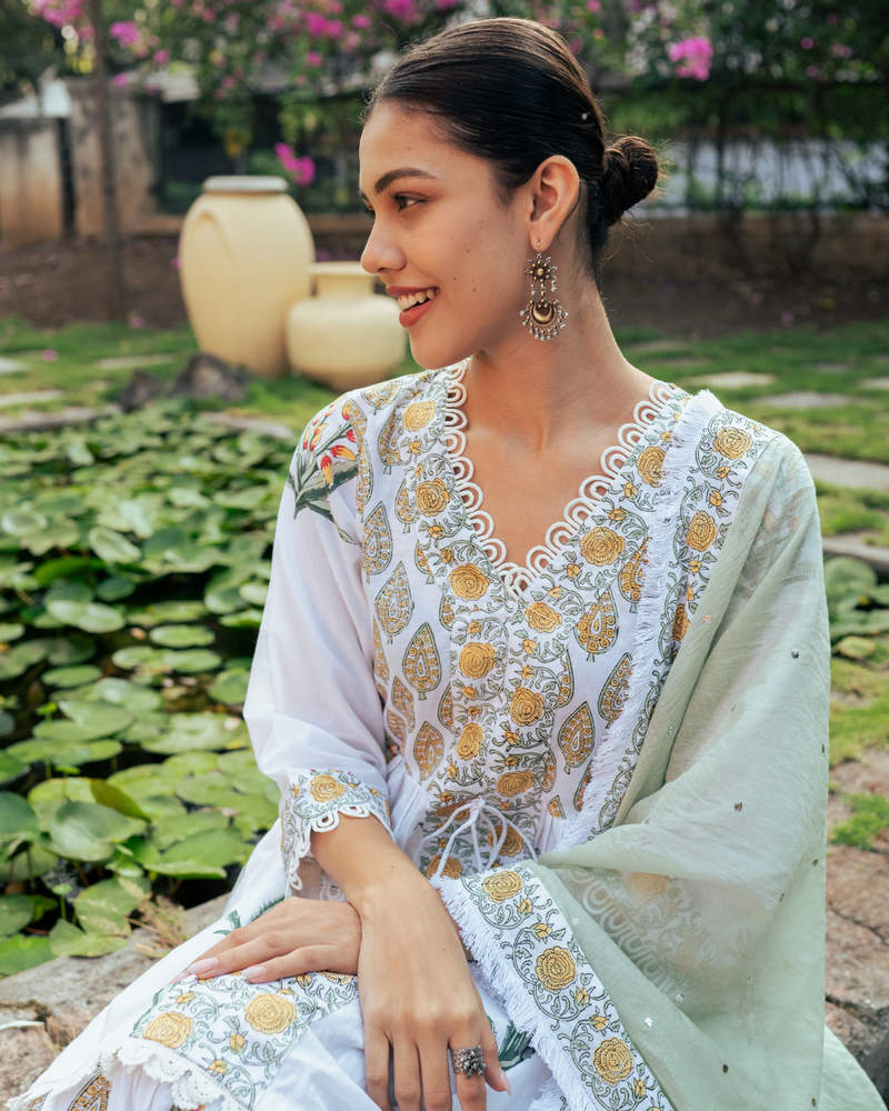 Ivory and Yellow Block Printed Sharara Set mul by Maison Shefali in multi color for women Worldwide