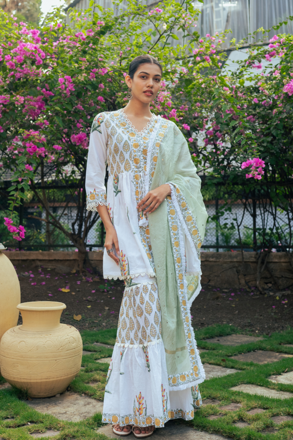 Ivory and Yellow Block Printed Sharara Set