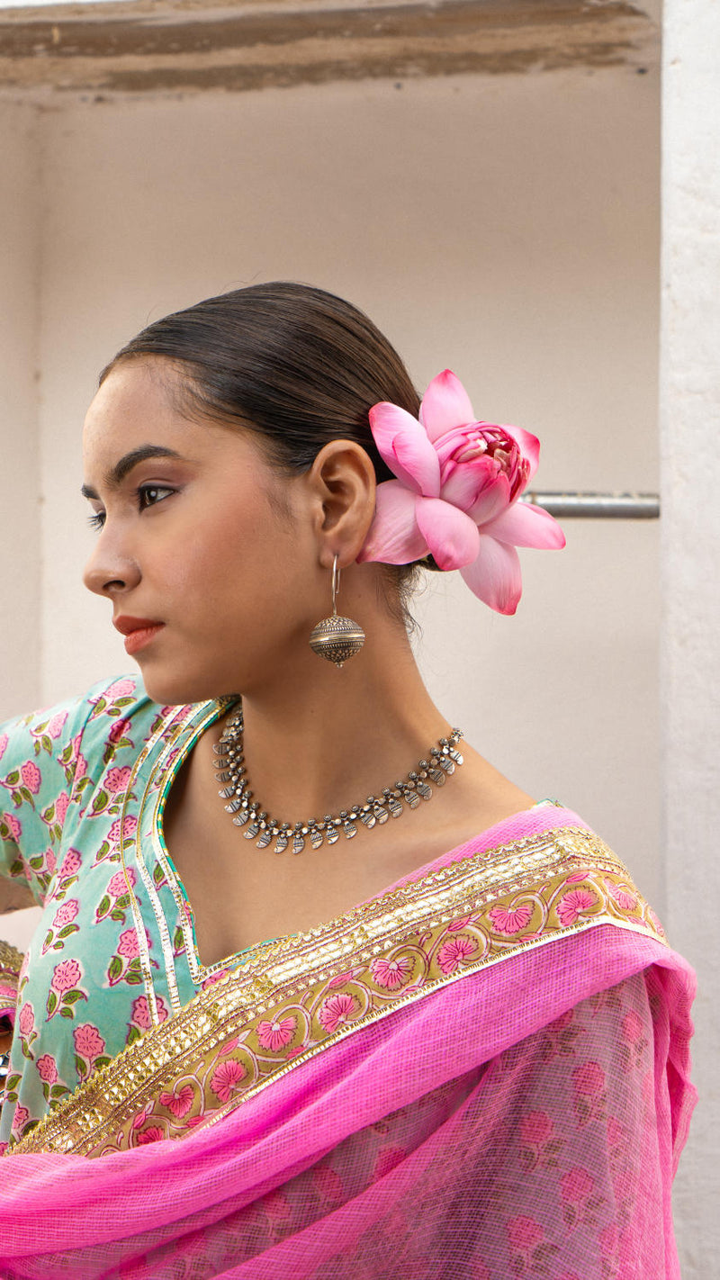 Saundh Pink and blue hand block printed gota sharara set cotton by Maison Shefali in multi color for women Worldwide
