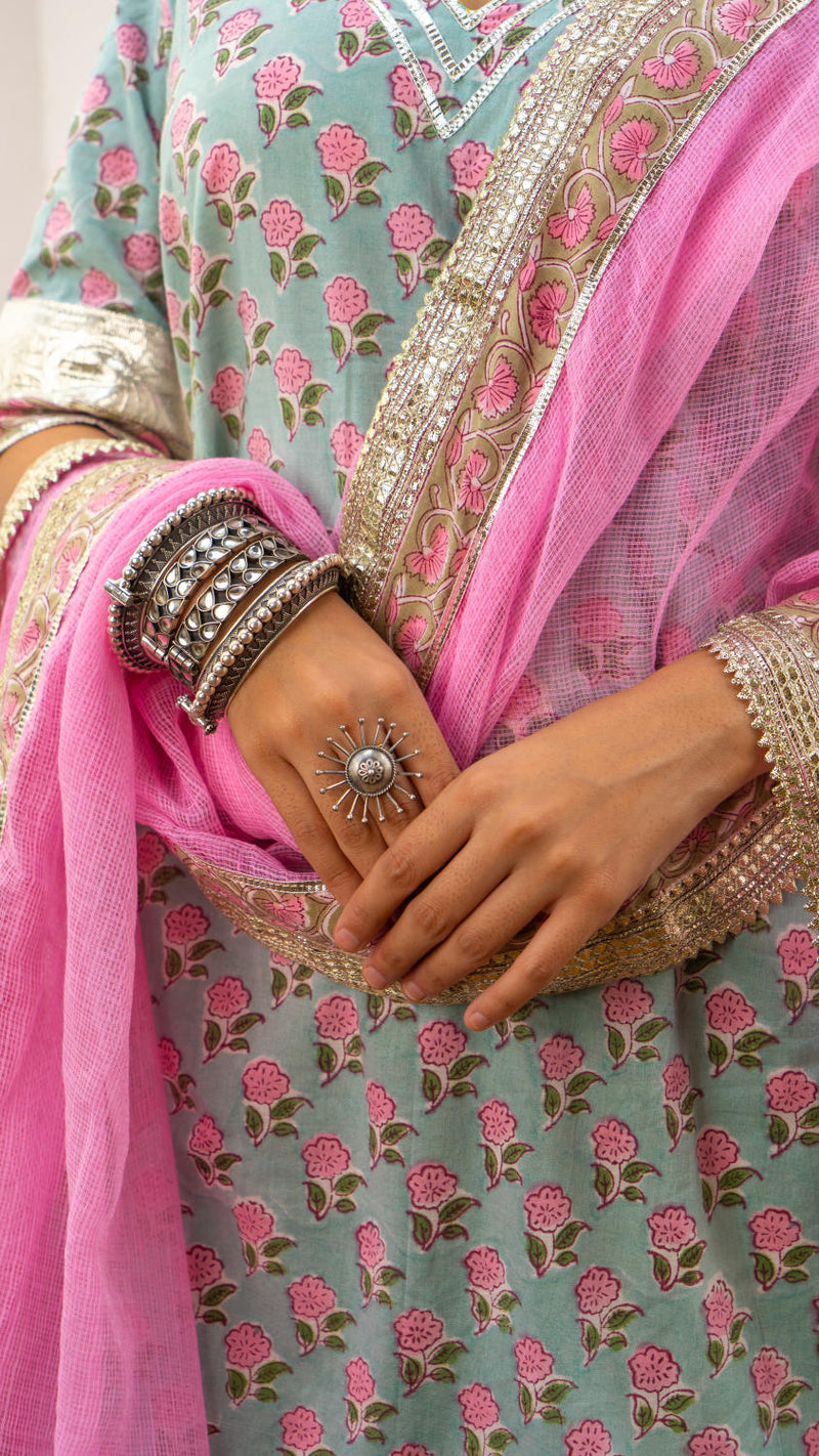 Saundh Pink and blue hand block printed gota sharara set cotton by Maison Shefali in multi color for women Worldwide