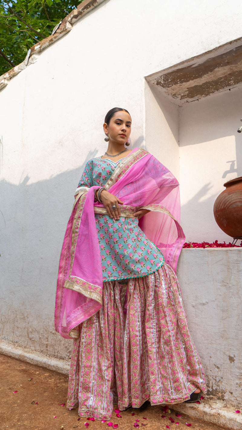Saundh Pink and blue hand block printed gota sharara set cotton by Maison Shefali in multi color for women Worldwide