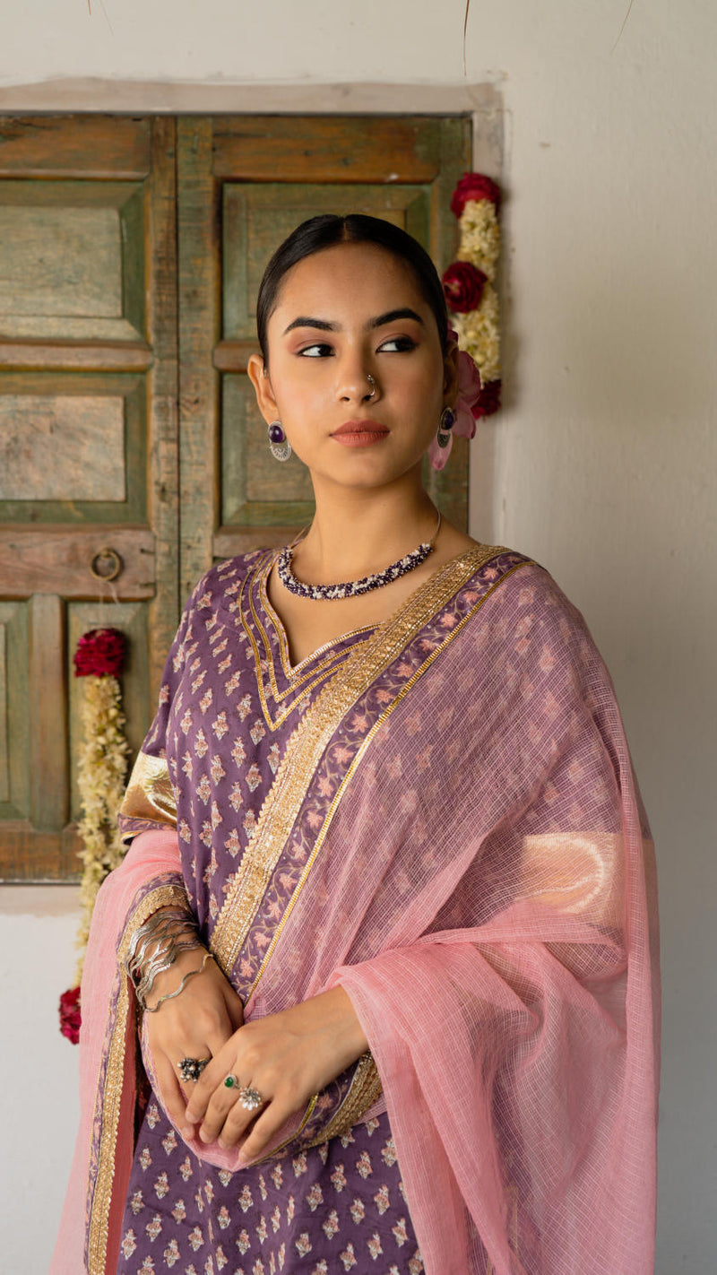 Saundh purple and peach hand block printed gota sharara set cotton by Maison Shefali in multi color for women Worldwide