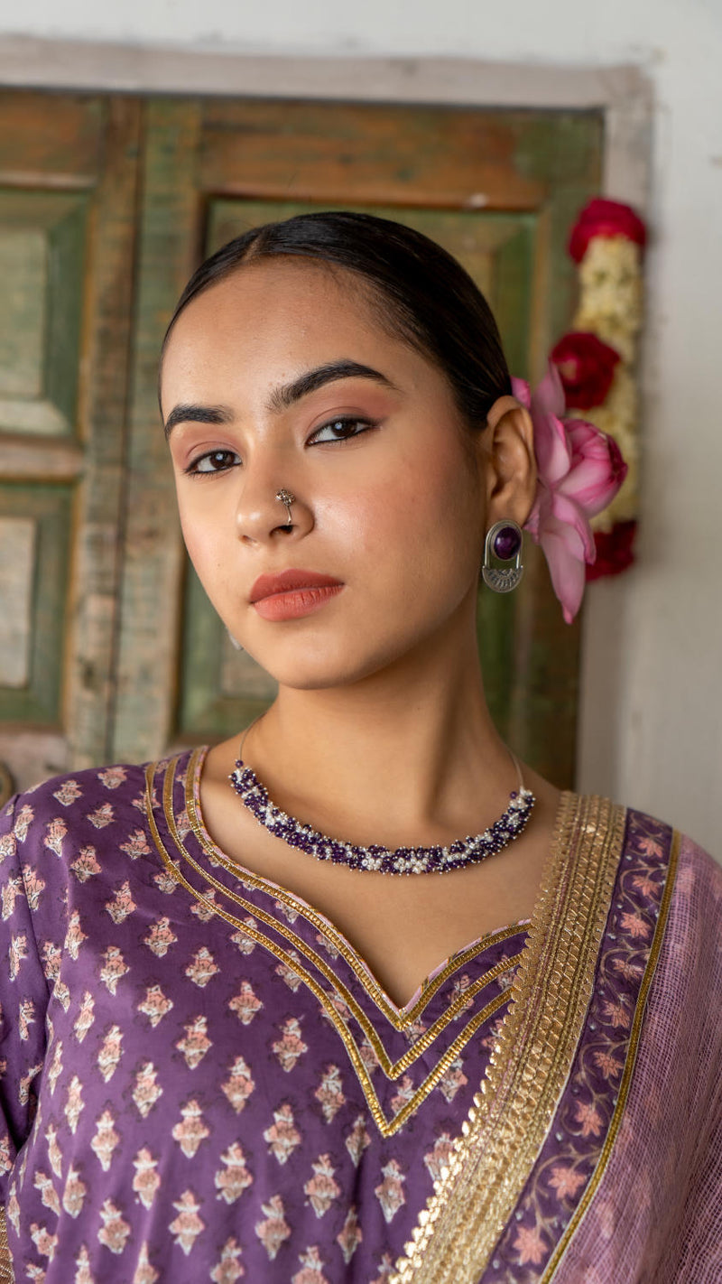 Saundh purple and peach hand block printed gota sharara set cotton by Maison Shefali in multi color for women Worldwide