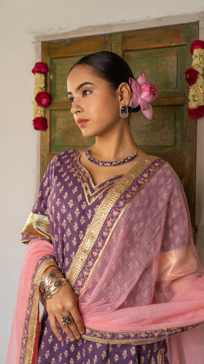 Saundh purple and peach hand block printed gota sharara set cotton by Maison Shefali in multi color for women Worldwide