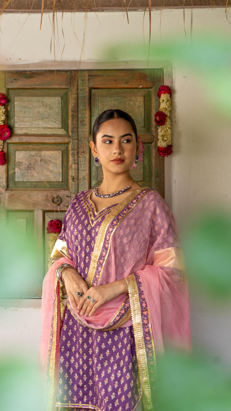 Saundh purple and peach hand block printed gota sharara set cotton by Maison Shefali in multi color for women Worldwide