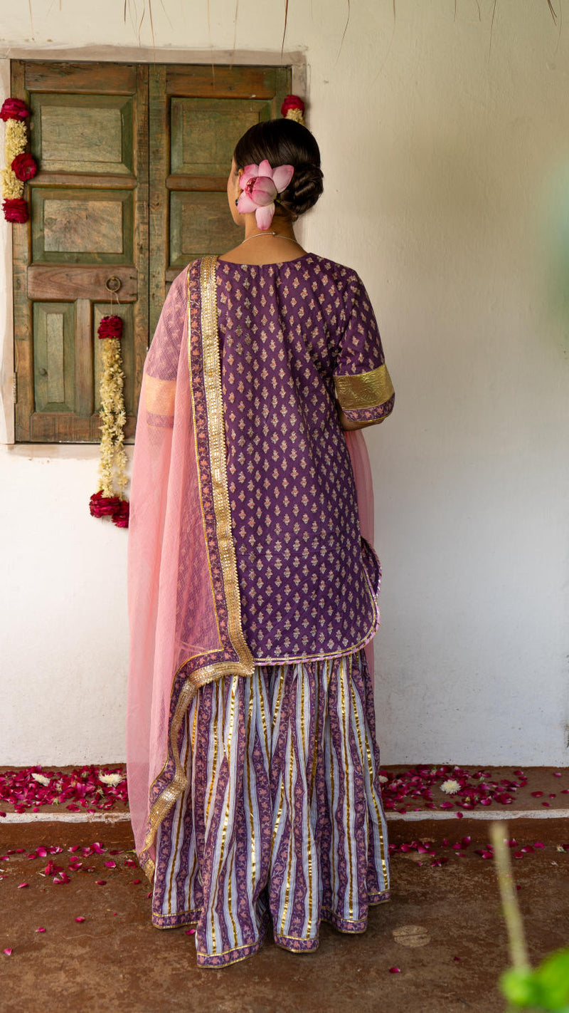 Saundh purple and peach hand block printed gota sharara set cotton by Maison Shefali in multi color for women Worldwide