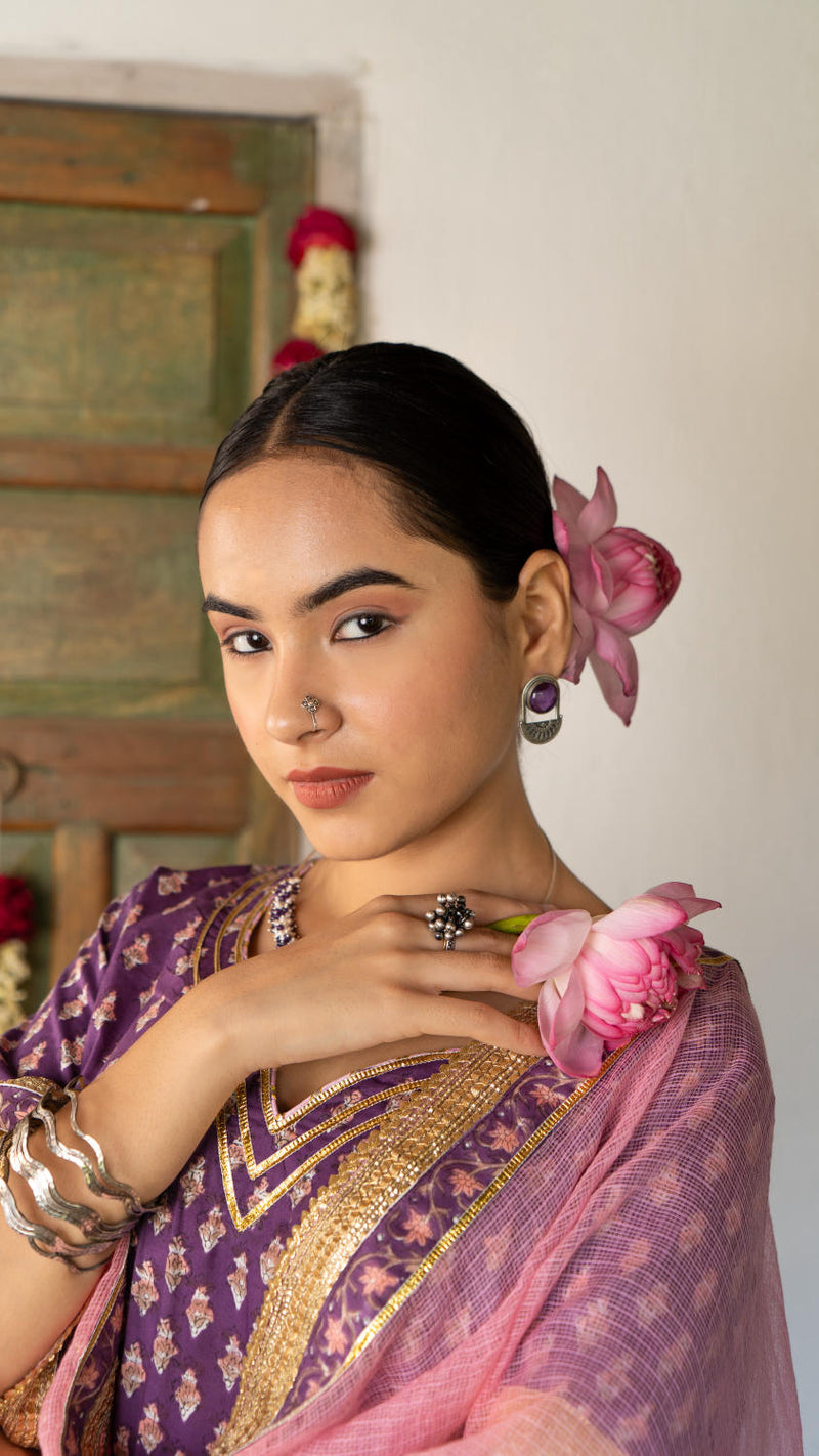 Saundh purple and peach hand block printed gota sharara set cotton by Maison Shefali in multi color for women Worldwide