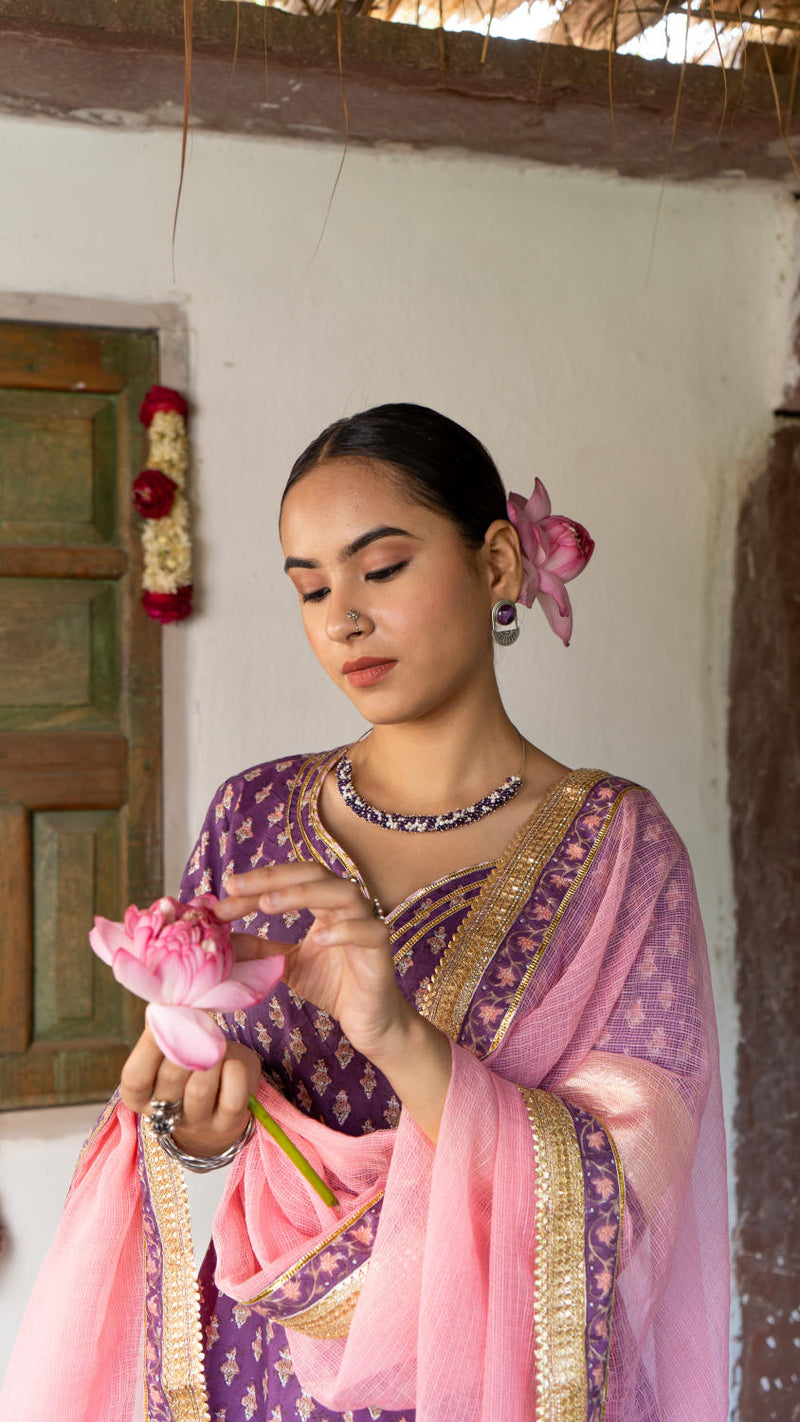 Saundh purple and peach hand block printed gota sharara set cotton by Maison Shefali in multi color for women Worldwide