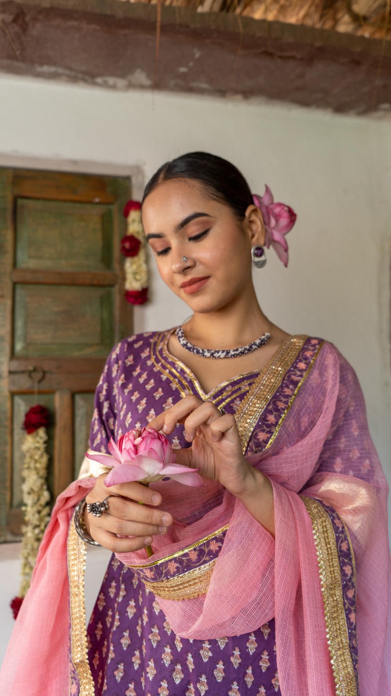 Saundh purple and peach hand block printed gota sharara set cotton by Maison Shefali in multi color for women Worldwide