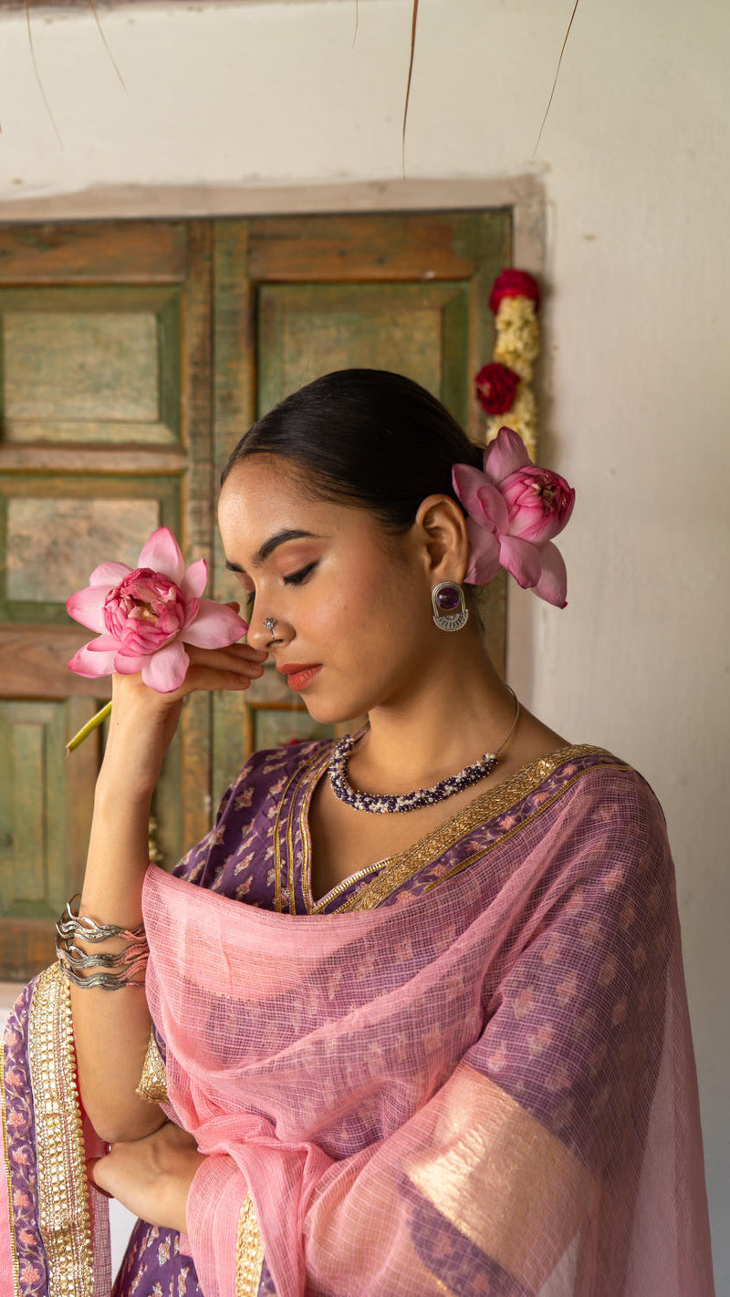 Saundh purple and peach hand block printed gota sharara set cotton by Maison Shefali in multi color for women Worldwide