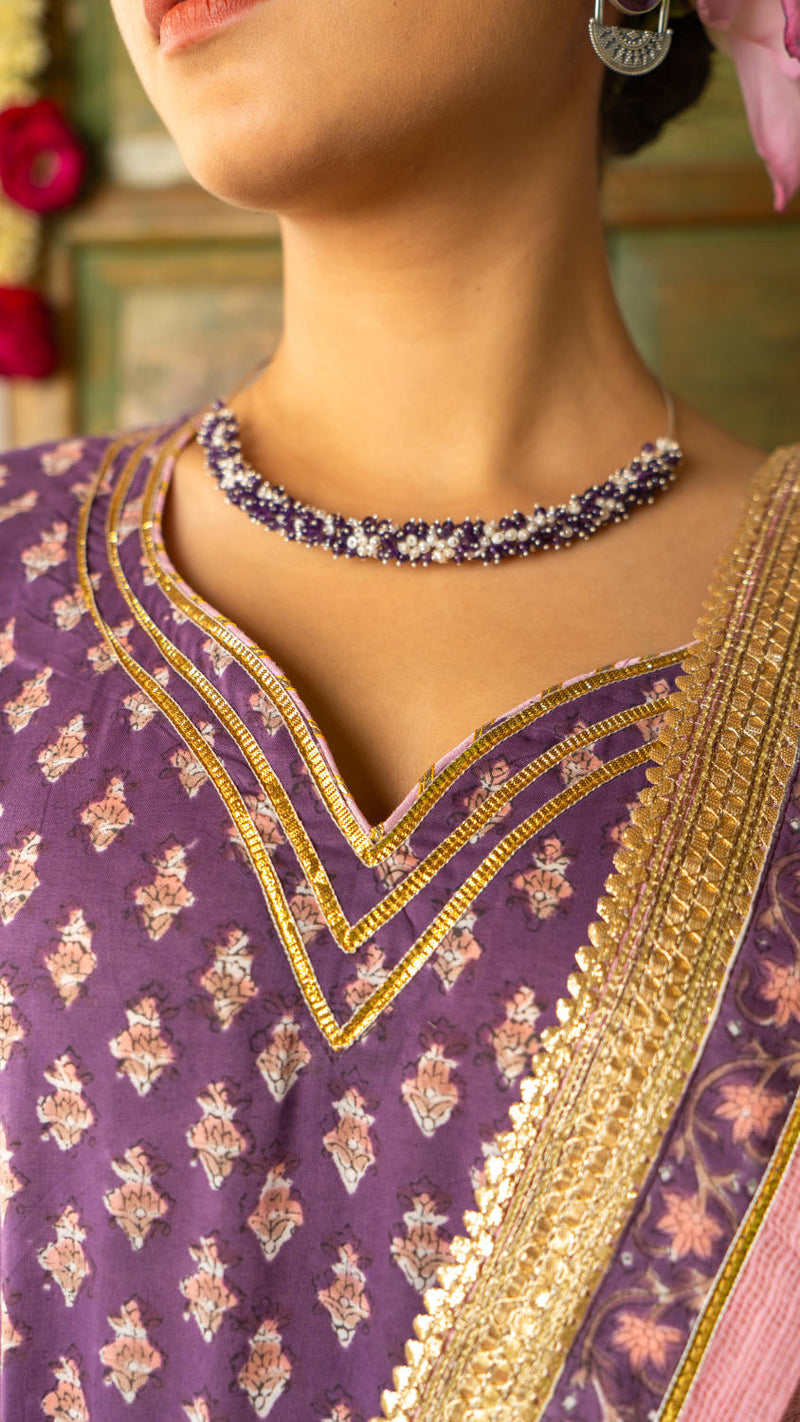 Saundh purple and peach hand block printed gota sharara set cotton by Maison Shefali in multi color for women Worldwide