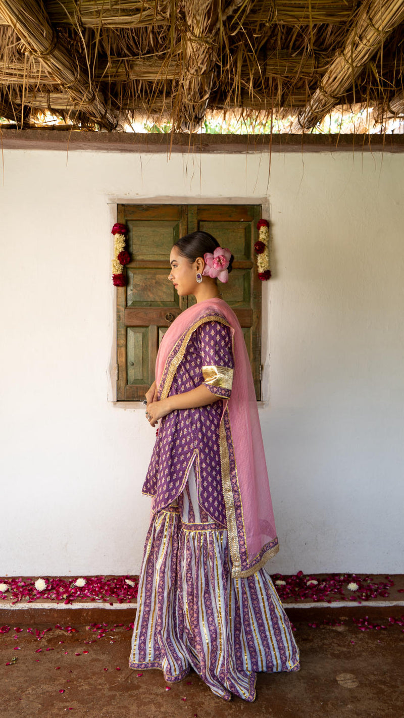 Saundh purple and peach hand block printed gota sharara set cotton by Maison Shefali in multi color for women Worldwide