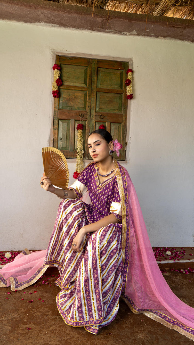 Saundh purple and peach hand block printed gota sharara set cotton by Maison Shefali in multi color for women Worldwide