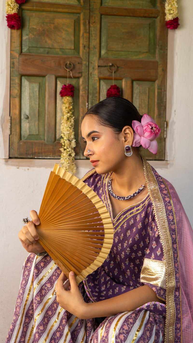 Saundh purple and peach hand block printed gota sharara set cotton by Maison Shefali in multi color for women Worldwide
