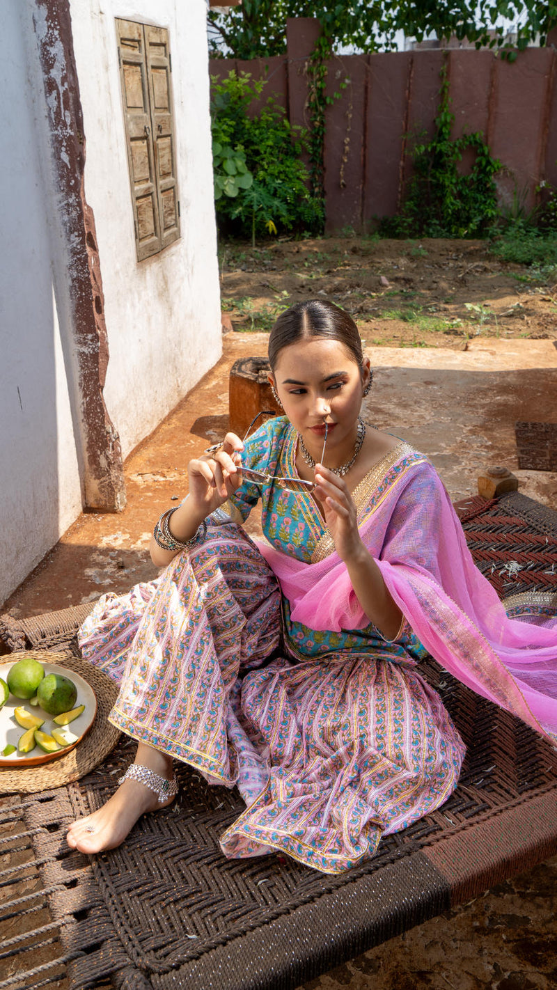 Saundh Sea green and pink hand block printed gota sharara set cotton by Maison Shefali in multi color for women Worldwide