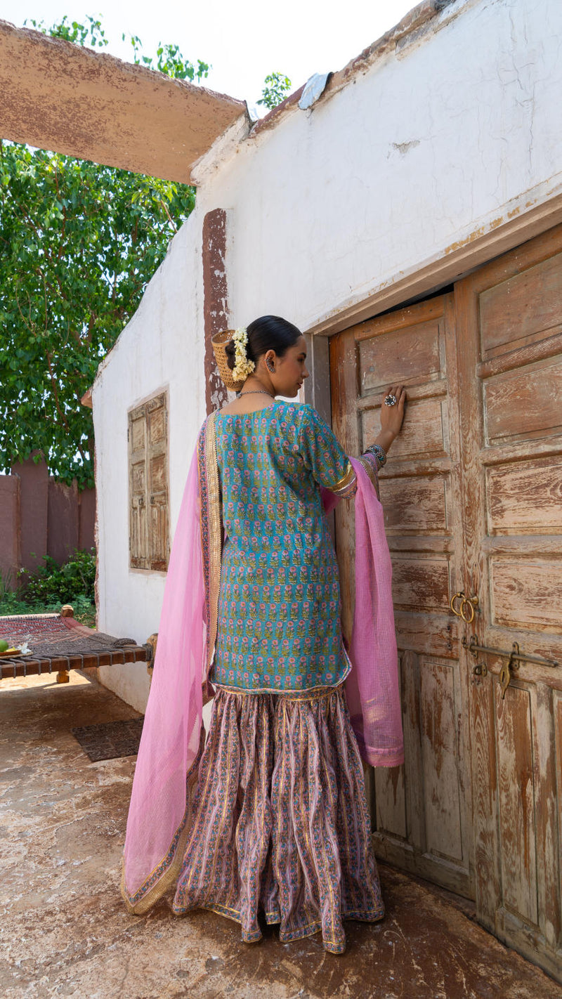 Saundh Sea green and pink hand block printed gota sharara set cotton by Maison Shefali in multi color for women Worldwide
