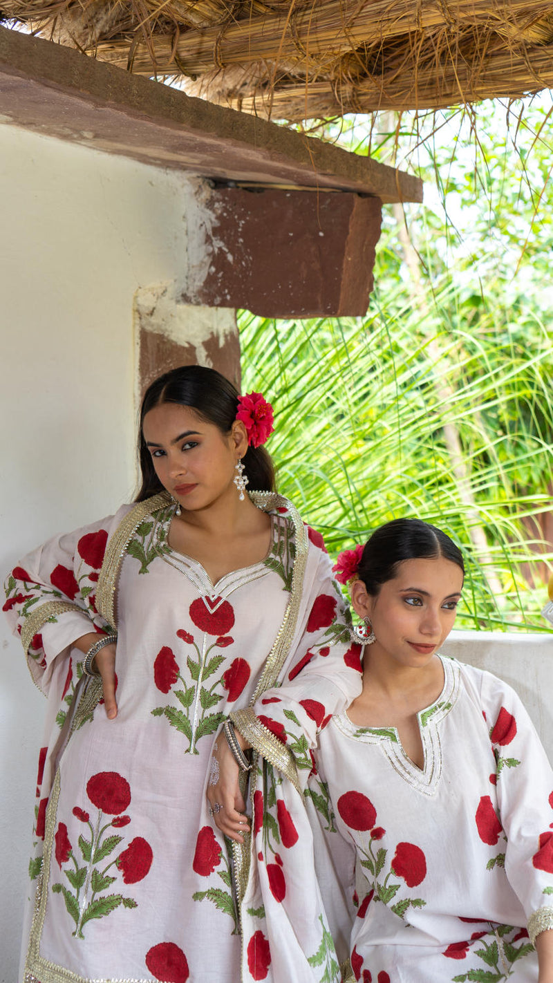 Saundh Red and White hand block printed mughal boota sharara set cotton by Maison Shefali in multi color for women Worldwide