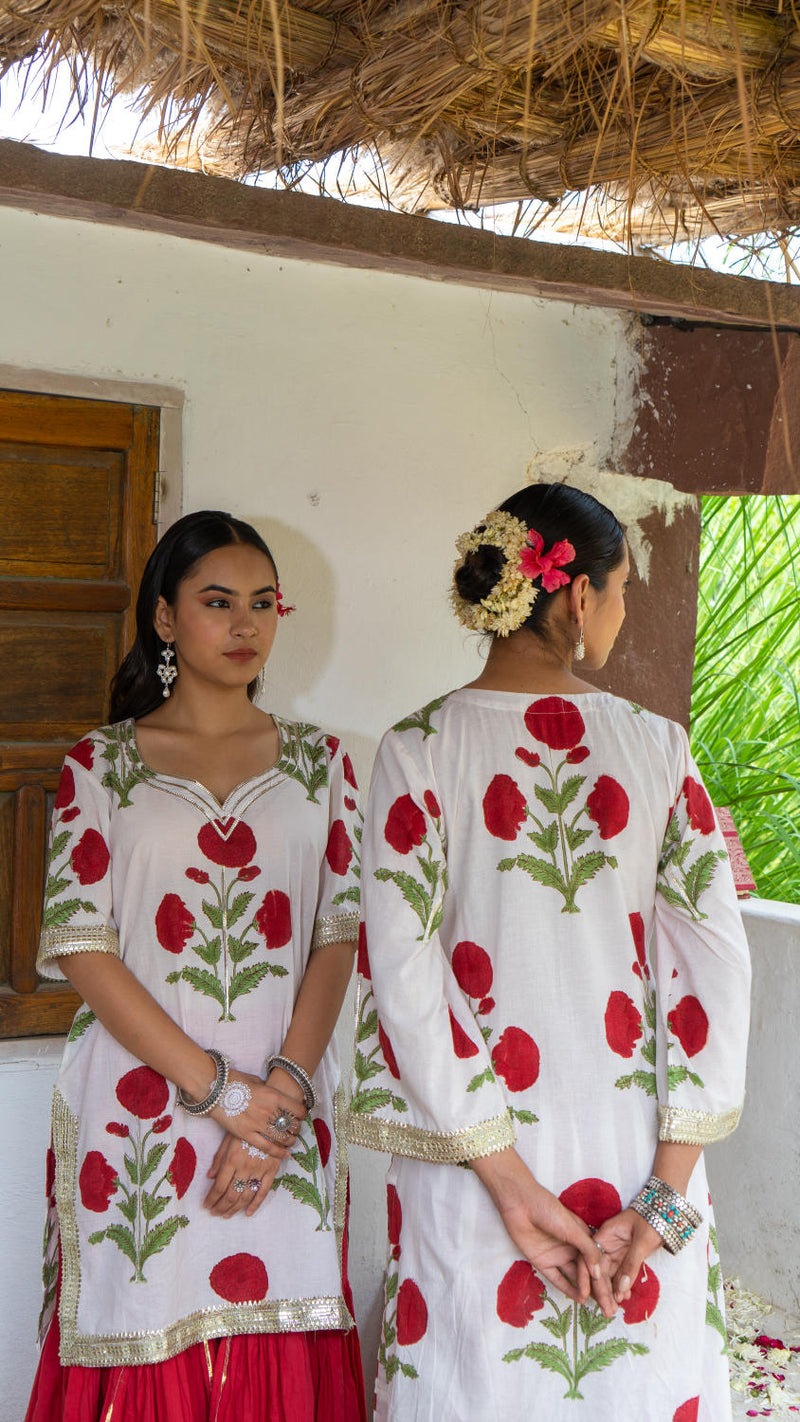 Saundh Red and White hand block printed mughal boota sharara set cotton by Maison Shefali in multi color for women Worldwide