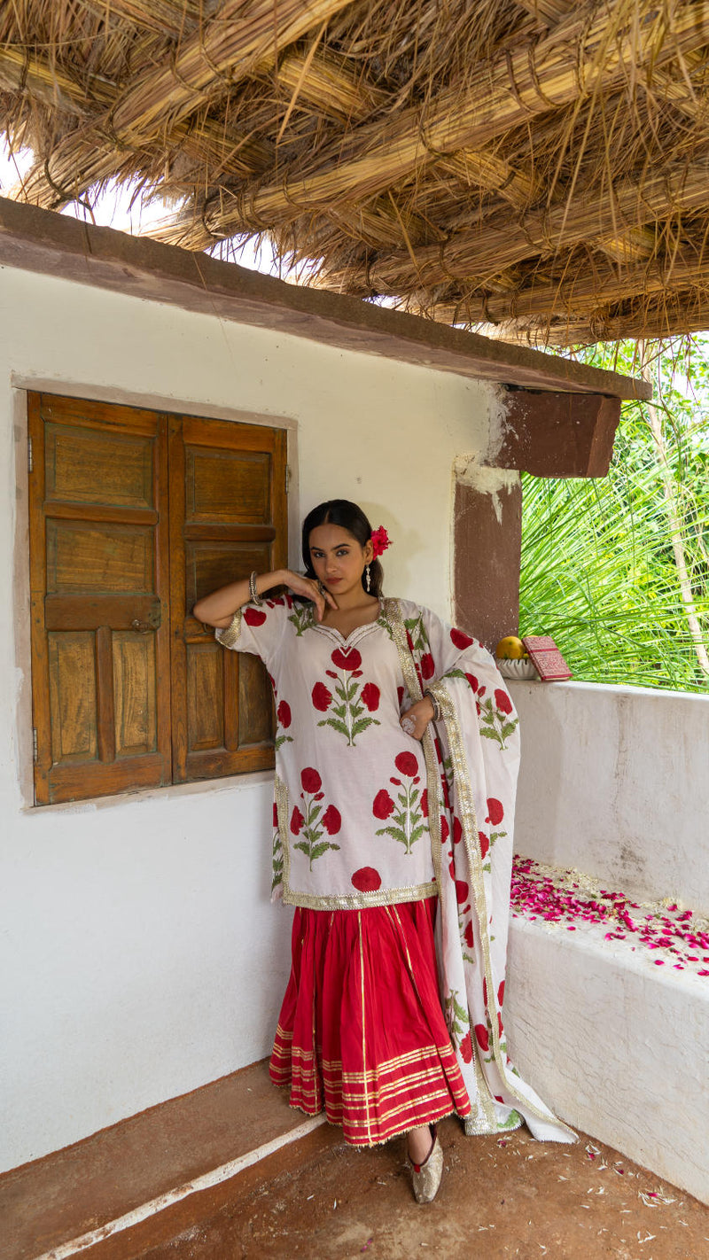 Saundh Red and White hand block printed mughal boota sharara set cotton by Maison Shefali in multi color for women Worldwide