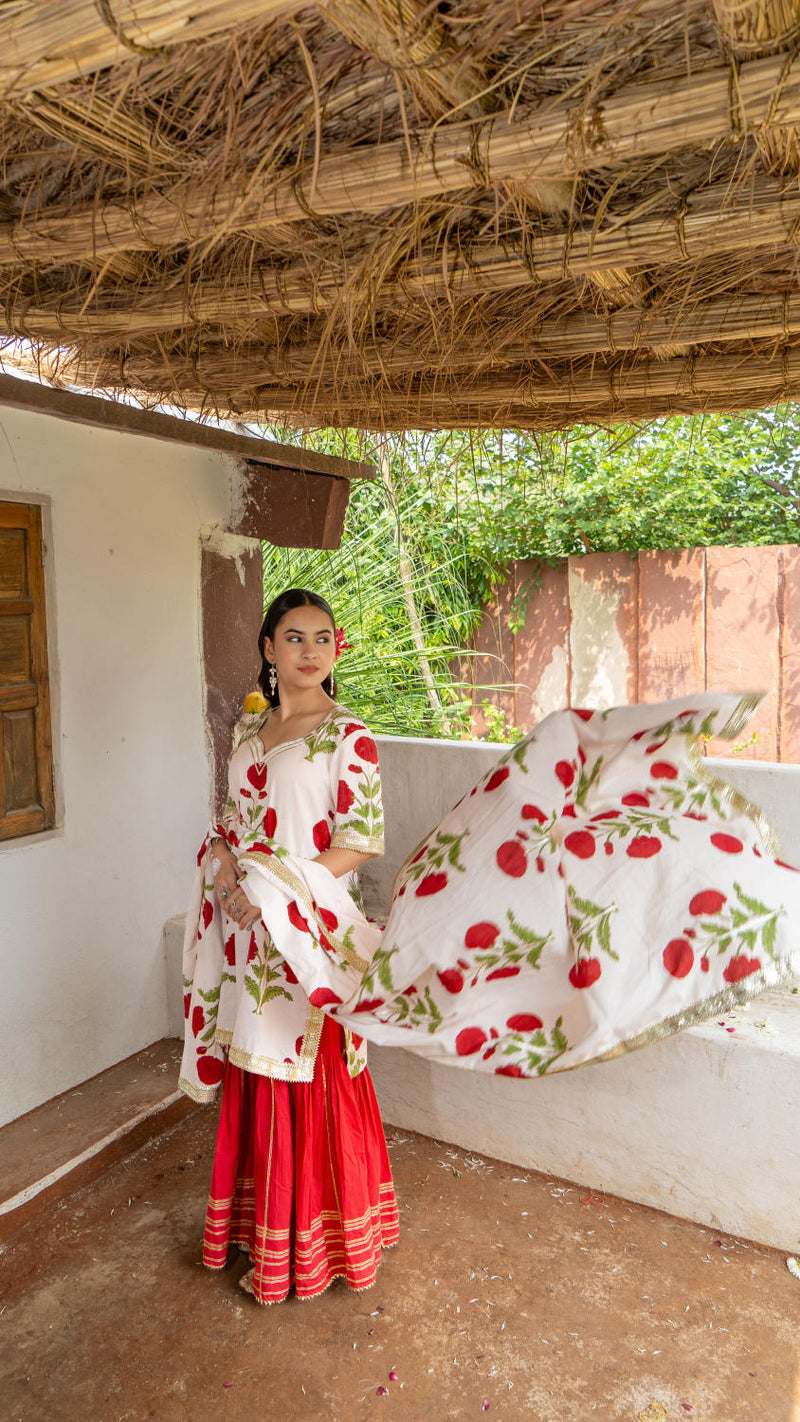 Saundh Red and White hand block printed mughal boota sharara set cotton by Maison Shefali in multi color for women Worldwide