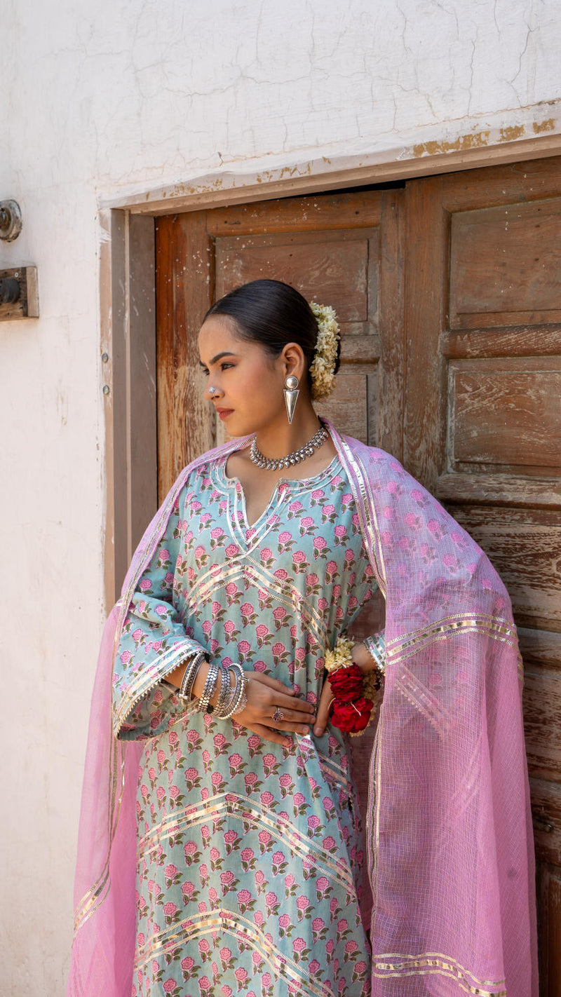 Saundh Pink and Blue hand block printed cotton Salwar set cotton by Maison Shefali in multi color for women Worldwide