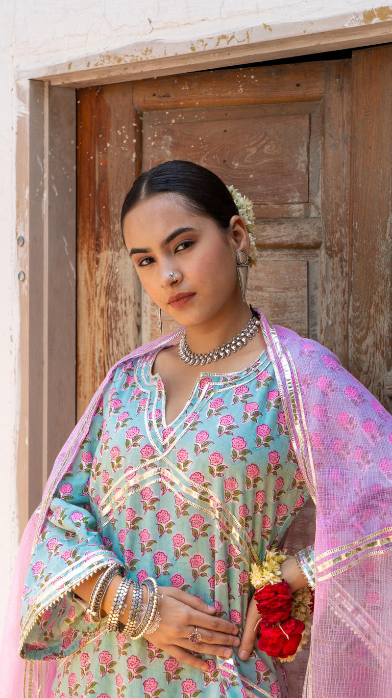 Saundh Pink and Blue hand block printed cotton Salwar set cotton by Maison Shefali in multi color for women Worldwide