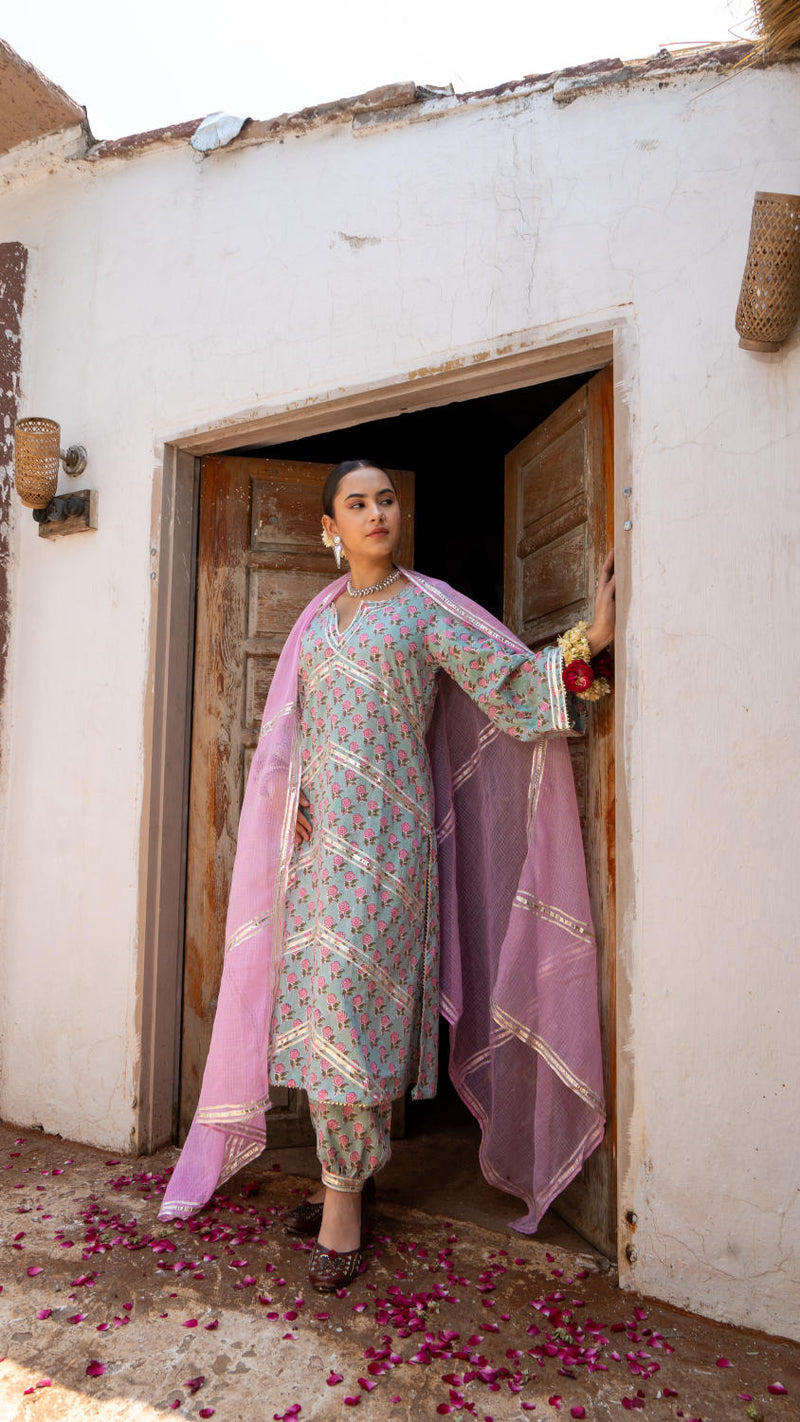 Saundh Pink and Blue hand block printed cotton Salwar set cotton by Maison Shefali in multi color for women Worldwide
