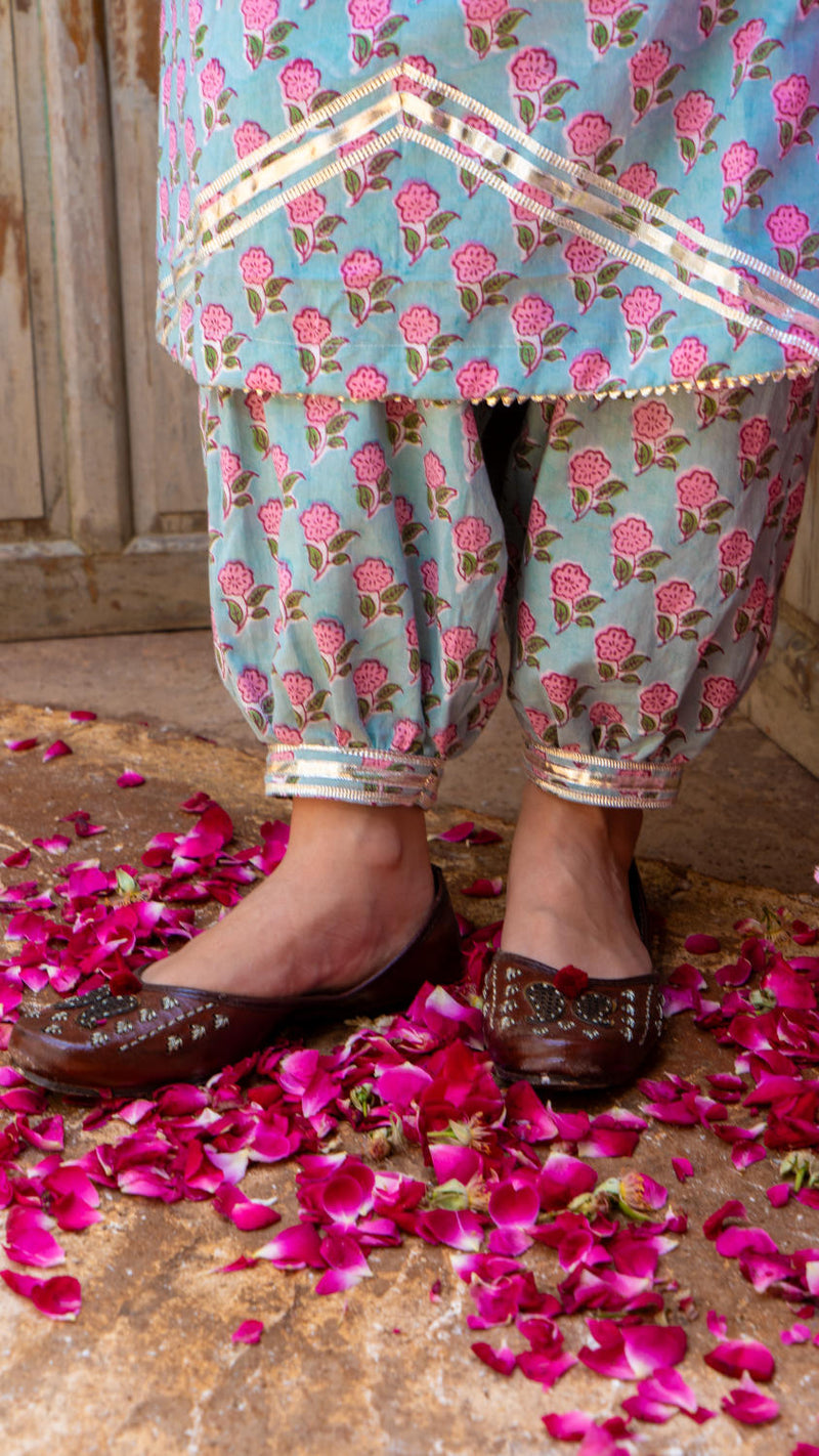 Saundh Pink and Blue hand block printed cotton Salwar set cotton by Maison Shefali in multi color for women Worldwide