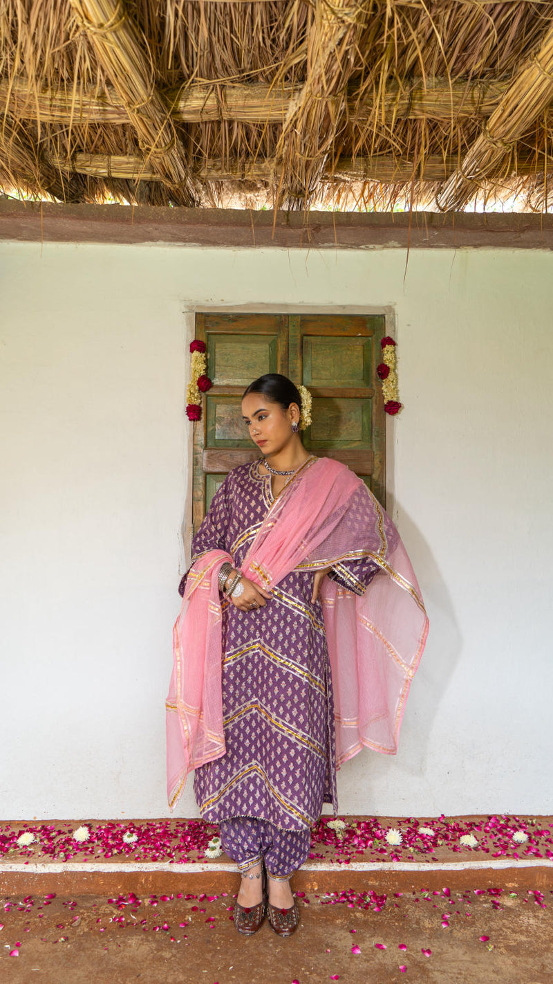 Saundh Purple and Peach hand block printed cotton Salwar set cotton by Maison Shefali in multi color for women Worldwide
