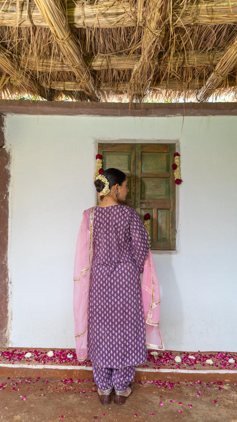 Saundh Purple and Peach hand block printed cotton Salwar set cotton by Maison Shefali in multi color for women Worldwide