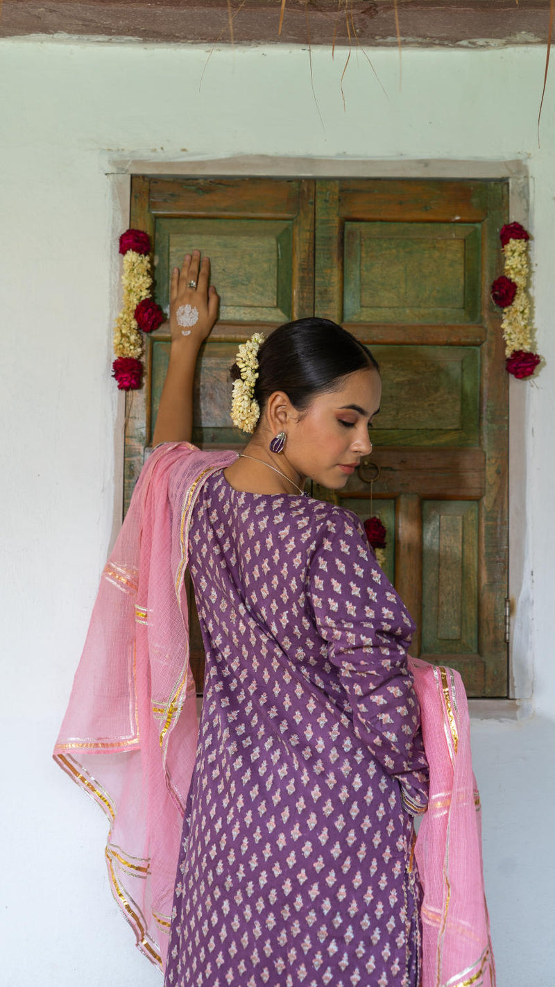 Saundh Purple and Peach hand block printed cotton Salwar set cotton by Maison Shefali in multi color for women Worldwide