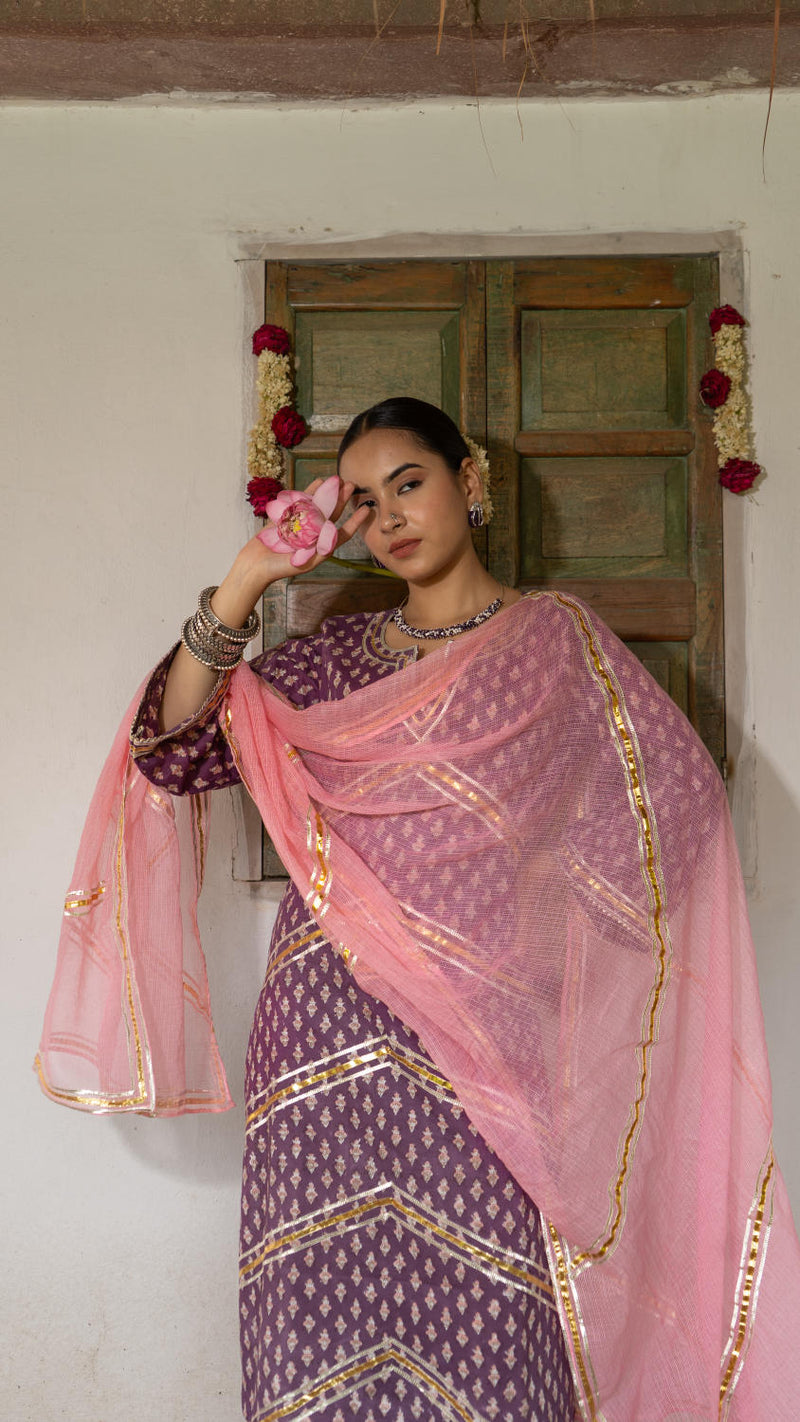 Saundh Purple and Peach hand block printed cotton Salwar set cotton by Maison Shefali in multi color for women Worldwide