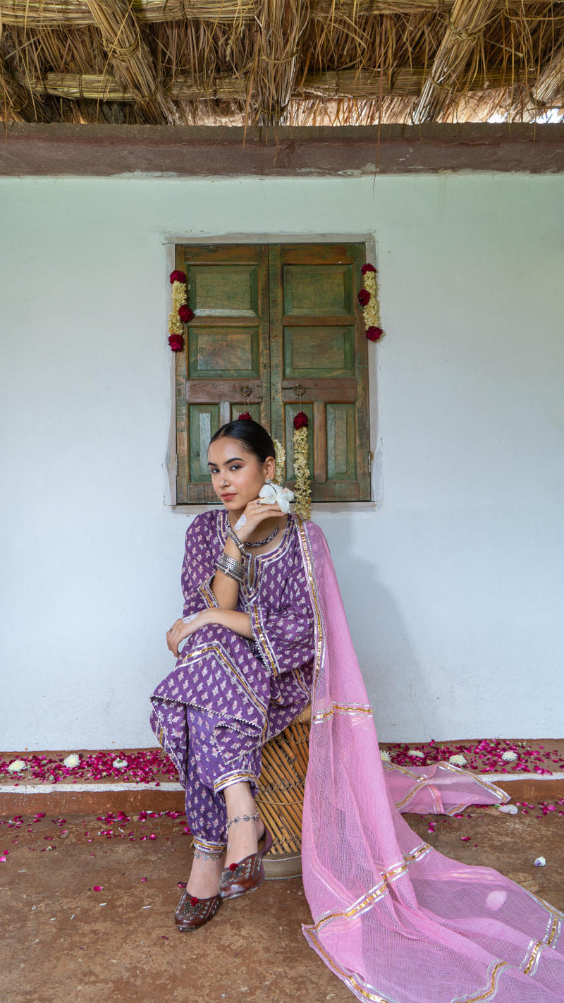 Saundh Purple and Peach hand block printed cotton Salwar set cotton by Maison Shefali in multi color for women Worldwide