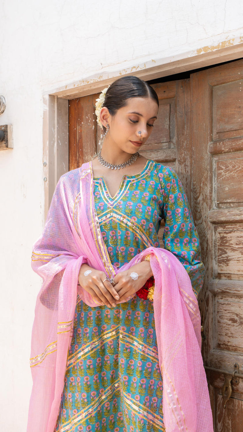 Saundh Sea Green and Pinm hand block printed cotton Salwar set cotton by Maison Shefali in multi color for women Worldwide