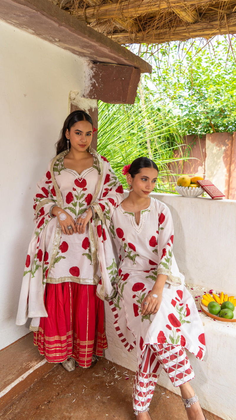 Saundh Red and White hand block printed mughal boota salwar set cotton by Maison Shefali in multi color for women Worldwide