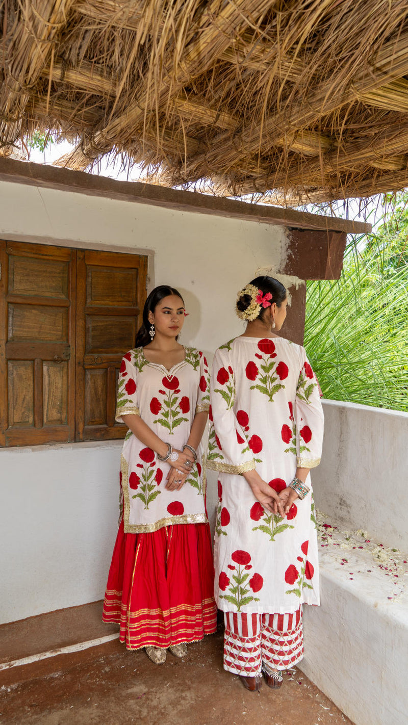 Saundh Red and White hand block printed mughal boota salwar set cotton by Maison Shefali in multi color for women Worldwide