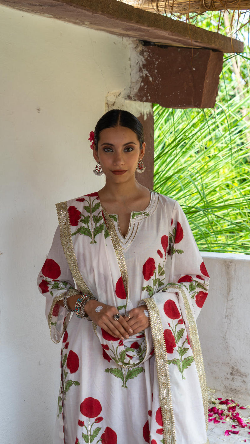 Saundh Red and White hand block printed mughal boota salwar set cotton by Maison Shefali in multi color for women Worldwide