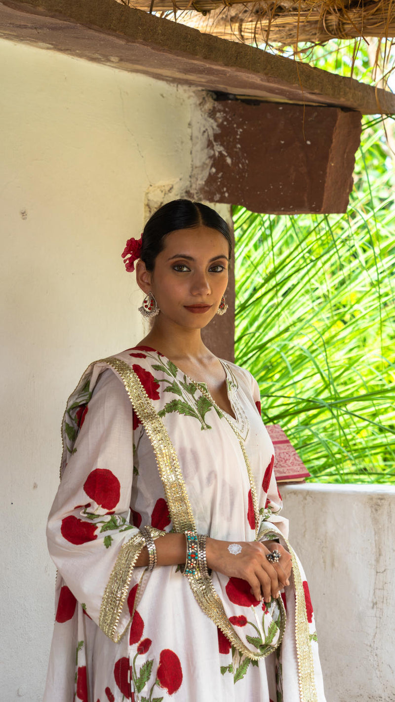 Saundh Red and White hand block printed mughal boota salwar set cotton by Maison Shefali in multi color for women Worldwide